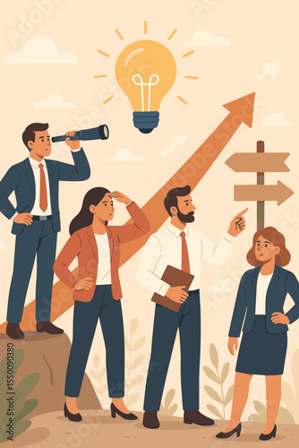 Business team vision concept leadership future opportunities. People looking ahead decision making idea innovation. Strategic planning direction arrow road sign teamwork success vector illustration