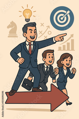 Visionary business leadership team concept. Cartoon executives in suits showing motivation, strategic planning, teamwork, innovation, decision making, goal achievement, arrow, success growth vector.