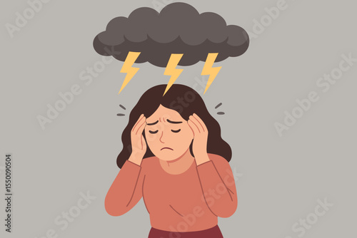 Sad woman suffering stress and headache under storm cloud and lightning. Depression, anxiety, mental health crisis. Concept of emotional overload, frustration, negative emotions. Vector illustration
