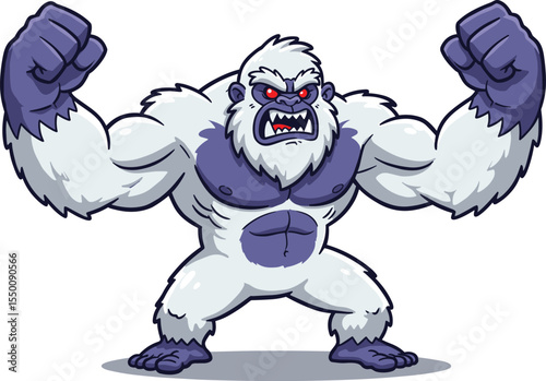 Ferocious White Yeti or Abominable Snowman Character with Red Eyes, Roaring and Flexing Muscles, Symbolizing Strength and Wilderness.