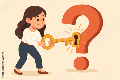 Cartoon businesswoman unlocking a giant question mark with a golden key, concept of problem solving and solution discovery, innovation and insight unlocking, vector illustration