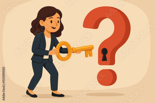 Businesswoman unlocking solution keyhole in giant question mark. Problem solving concept. Success strategy, leadership, finding answers, creativity, challenge resolution. Vector illustration.