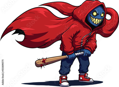 Scary Blue Monster with Glowing Eyes and Spiked Bat, Ready for Halloween or Urban Themed Designs.