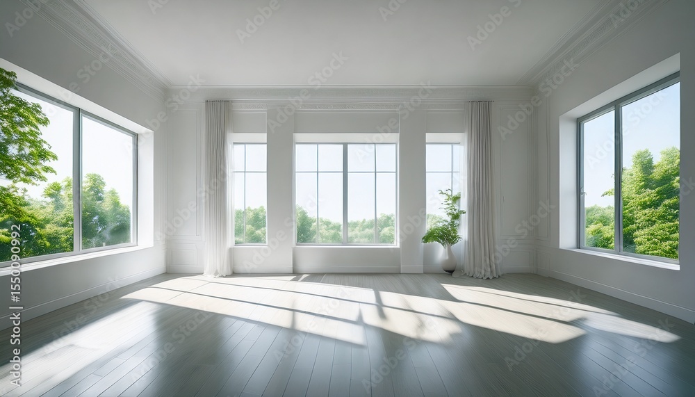 Fototapeta premium bright spacious white room with large windows and abundant natural light creates airy and serene atmosphere minimalist design enhances sense of openness and tranquility