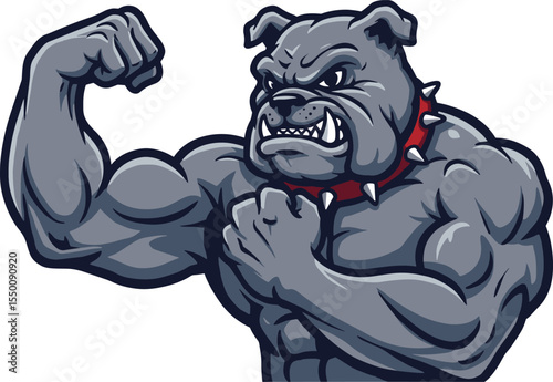  Powerful Gray Bulldog Cartoon Character Flexing Muscular Arm, Wearing a Spiked Collar, Symbolizing Strength.