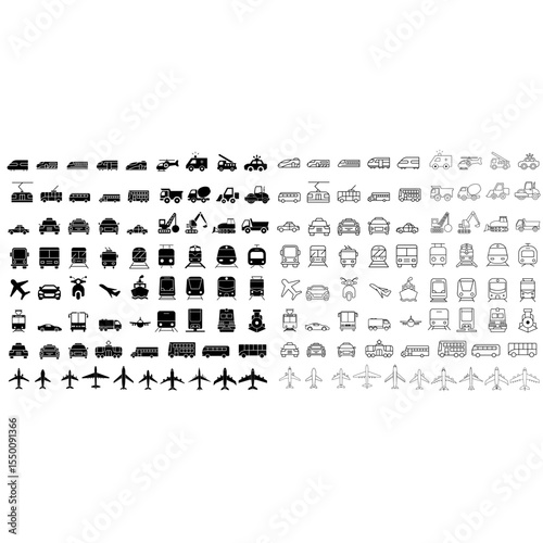 Transport icon vector set. Transportation illustration sign collection. Public transport symbol. Taxi web icons. Сontains ambulance, helicopter, airplane, fire truck and others.