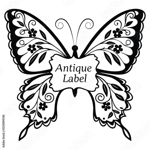 Black silhouette butterfly featuring antique label design vector
