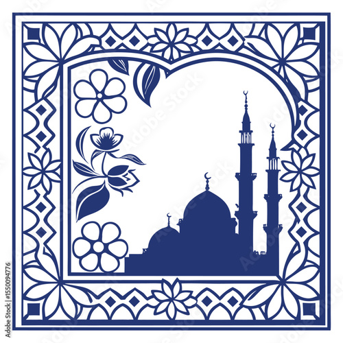 Blue Moroccan frame with Islamic mosque silhouette vector
