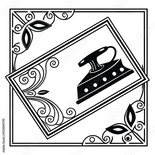 Bold household object inside ornate swirl border vector