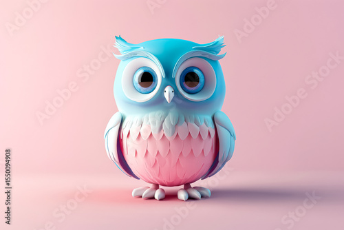 Cute blue and pink owl is sitting on a pink background