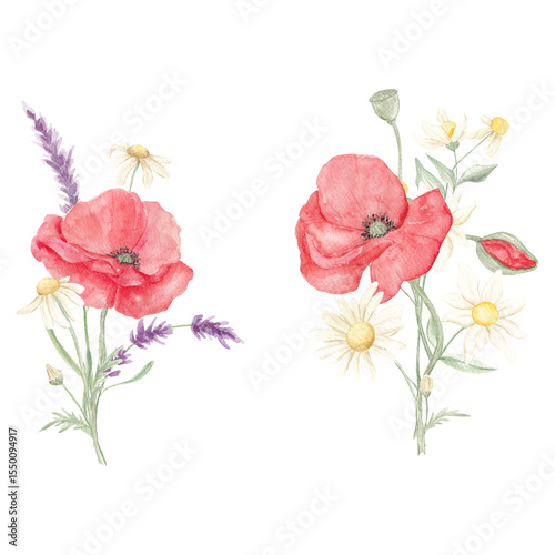 Wallpaper Mural Watercolor painted poppies. Lavender. Poppy lavender bouquet. Flower bouquet. Spring, May. Set of elements for decoration. Sublimation elements. Spring wildflowers. Icelandic poppies. Torontodigital.ca