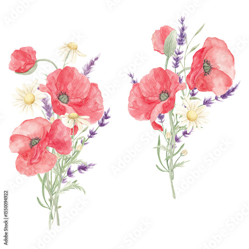 Wallpaper Mural Watercolor painted poppies. Lavender. Poppy lavender bouquet. Flower bouquet. Spring, May. Set of elements for decoration. Sublimation elements. Spring wildflowers. Icelandic poppies. Torontodigital.ca