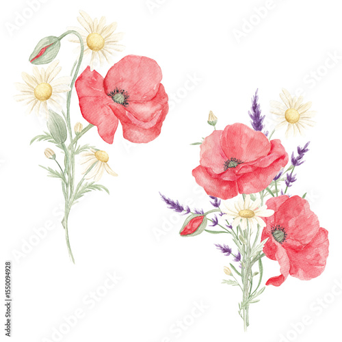 Wallpaper Mural Watercolor painted poppies. Lavender. Poppy lavender bouquet. Flower bouquet. Spring, May. Set of elements for decoration. Sublimation elements. Spring wildflowers. Icelandic poppies. Torontodigital.ca