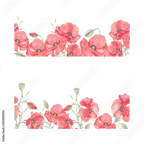 Wallpaper Mural Watercolor painted poppies. Lavender. Poppy lavender frame. Floral Border. Spring, May. Set of elements for decoration. Sublimation elements. Spring wildflowers. Icelandic poppies. Wreath of poppies.  Torontodigital.ca