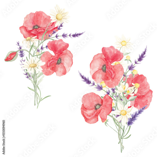 Wallpaper Mural Watercolor painted poppies. Lavender. Poppy lavender bouquet. Flower bouquet. Spring, May. Set of elements for decoration. Sublimation elements. Spring wildflowers. Icelandic poppies. Torontodigital.ca