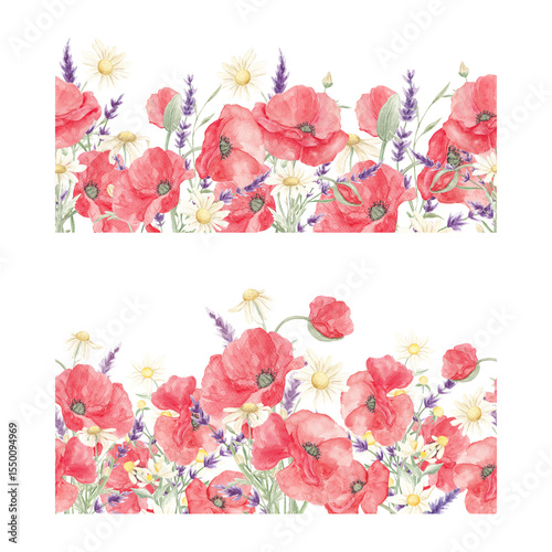 Wallpaper Mural Watercolor painted poppies. Lavender. Poppy lavender frame. Floral Border. Spring, May. Set of elements for decoration. Sublimation elements. Spring wildflowers. Icelandic poppies. Wreath of poppies.  Torontodigital.ca