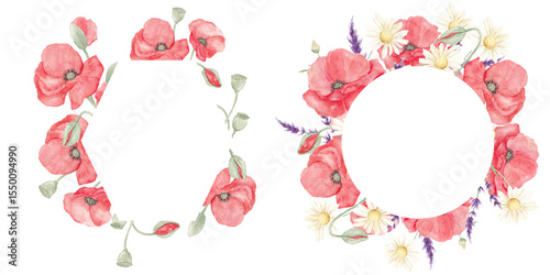 Wallpaper Mural Watercolor painted poppies. Lavender. Poppy lavender frame. Floral Border. Spring, May. Set of elements for decoration. Sublimation elements. Spring wildflowers. Icelandic poppies. Wreath of poppies.  Torontodigital.ca