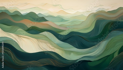 ethereal abstract landscape with rich earth tones and deep greens flowing layers of nature inspired texture for art prints digital backgrounds or interior decor concepts