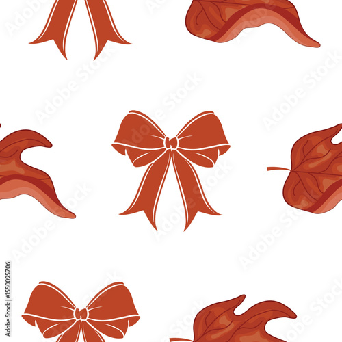 Seamless pattern with red bows and maple leaves on a white background for Canada Day, for various summer designs