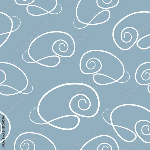 Repeating seamless pattern with elegant spiral shells on a blue background arranged randomly, for various summer designs