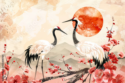 Two birds are standing on a branch with a red and yellow sun in the background