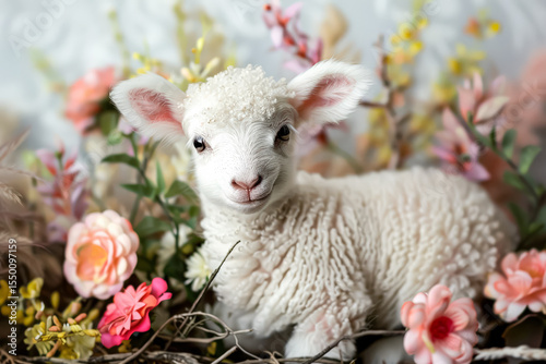 Baby lamb is laying in a bed of flowers