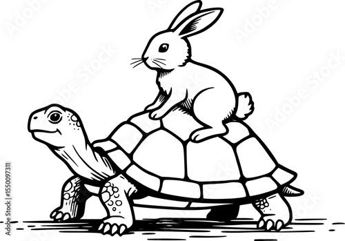 rabbit on turtle, black and white, silhouette, pen and ink illustration
