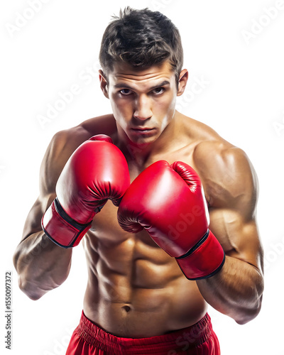 Photo of muscular boxer with red gloves isolated on transparent background