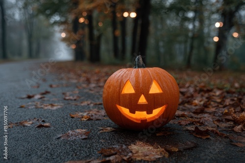 A glowing carved halloween pumpkin sits on a wet asphalt road covered in fallen autumn leaves with blurry festive lights in the background