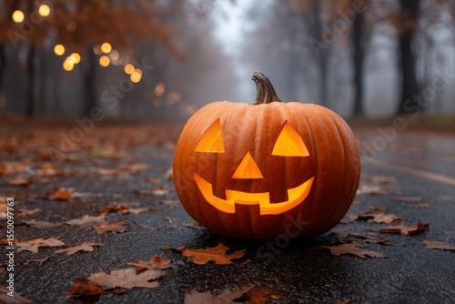 A glowing carved halloween pumpkin sits on a wet asphalt road surrounded by fallen autumn leaves and blurred festive lights in the background