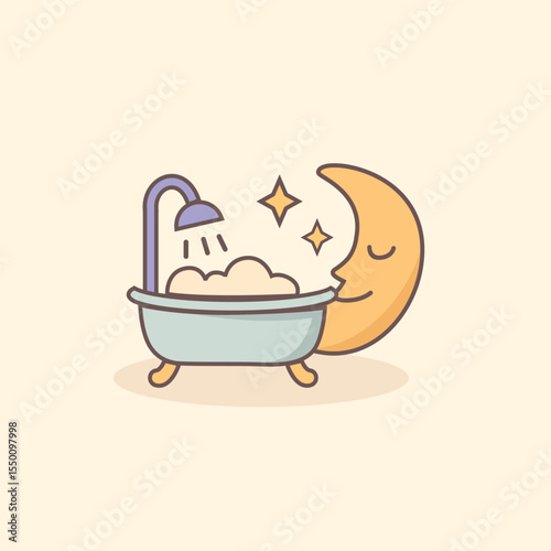 Cartoon bathtub with crescent moon and stars, flat night care vector for relaxation, peaceful spa time, and calming digital visuals