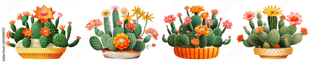 Obraz premium PNG Vibrant blooming cactus collection, element set on transparent background