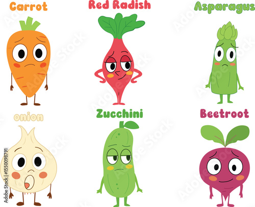 cute cartoon vegetable characters set with expressive faces including carrot, radish, onion, zucchini, beetroot, and asparagus on white background for kids and educational design

