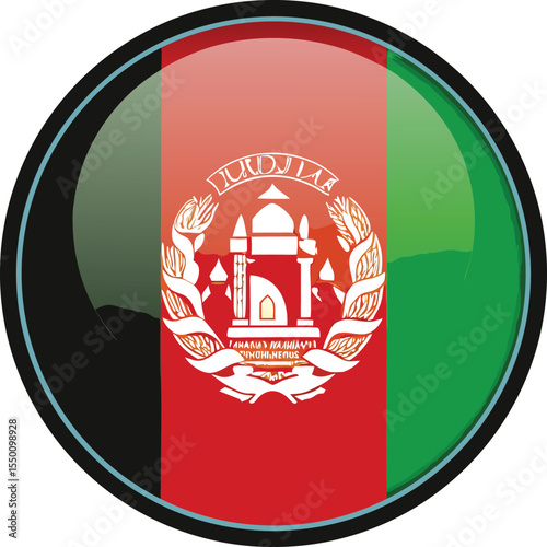 glossy round vector icon of afghanistan national flag with emblem, 3d button style design on transparent or white background