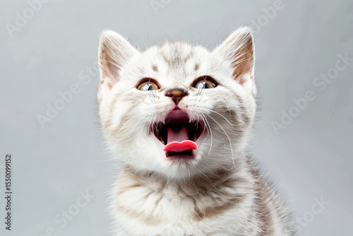Kitten with a pink tongue is smiling and making a funny face