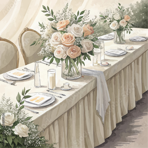 Elegant wedding reception table with white and peach floral centerpieces, glass vases, pleated cream tablecloth. Watercolor and charcoal. Isolated on white. Classic wedding decor.