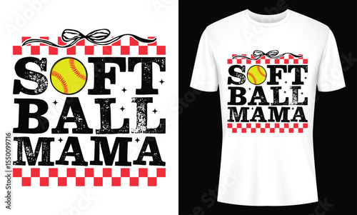 Softball Mama T Shirt Design with Checkered Pattern and Distressed Text