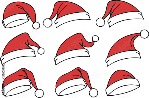 Nine Red and White Santa Hats Vector Illustration christmas hat