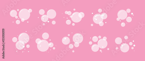 Bubble gum, soap water suds, cartoon foam drop icon. Baby bath, carbonated air. Baby shower pattern, wash balloon. Shampoo or soda cloud drink. Transparent fizzy effect on pink bg. Vector illustration