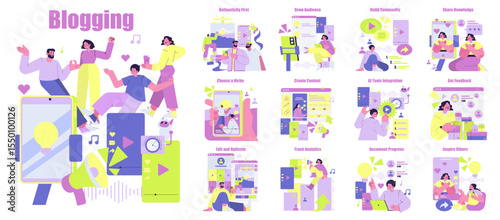 Blogging Journey Vector Illustration with People and Devices