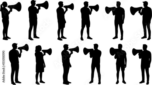 People holding megaphone speaker set vector silhouette.
