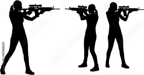 Silhouette of a woman aiming an assault rifle with a scope.
