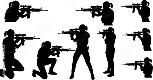 Silhouette of a woman aiming an assault rifle with a scope.
