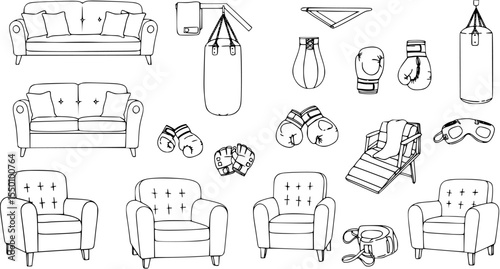 Boxing gloves. Equipment for fight competition, hanging and protection hand. Vector illustration
