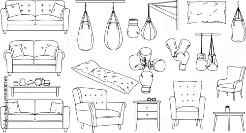 Boxing gloves. Equipment for fight competition, hanging and protection hand. Vector illustration
