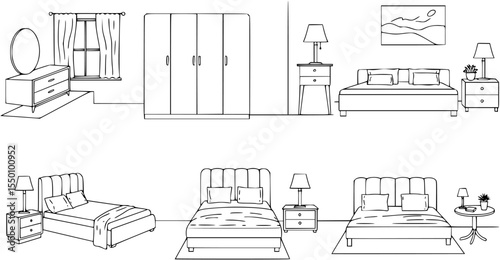 Cozy bedroom with furniture line art interior scene isolated on white background. Home room with black silhouete of bed wardrobe nightstands mirror lamp in linear style. Vector illustration.