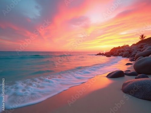 Pink and Orange Coastal Sunset with Smooth Rocks


