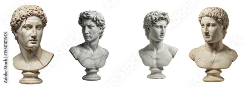 Set of isolated photorealistic male bust sculptures on a transparent background  