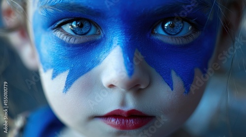 Young child with blue face paint and striking blue eyes at a celebration or festival
