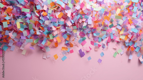 Bright and playful, colorful paper confetti explodes against a pastel pink background, creating a festive celebration vibe.

